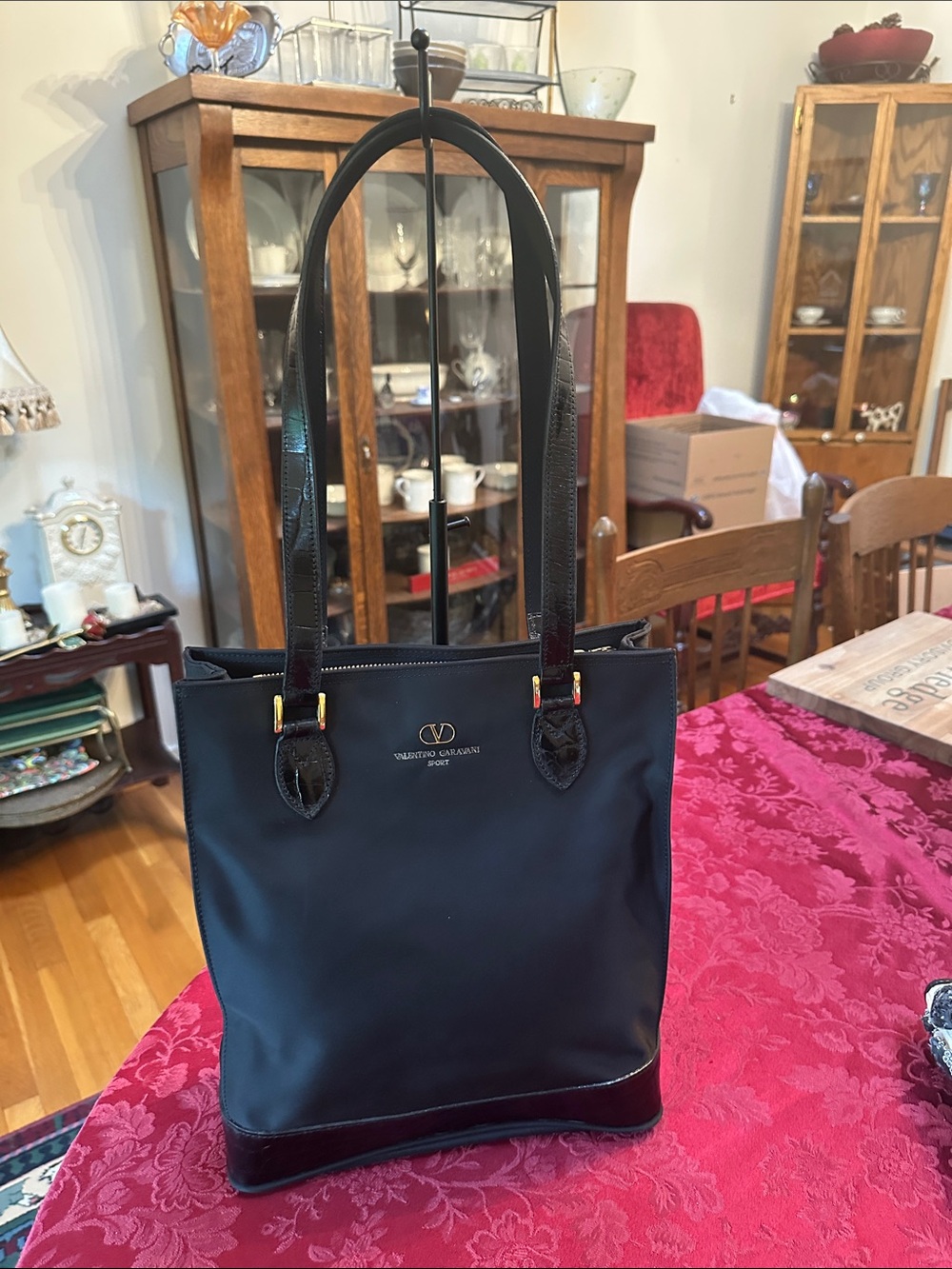 Valentino Garavani Sport Black Nylon & Crocodile Embossed Leather Shoulder Bag